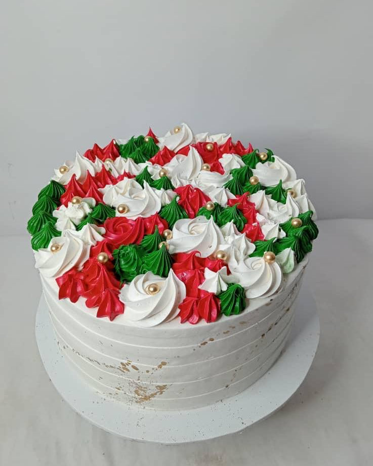 Decorative christmas cake with red, white, and green icing on a plain background