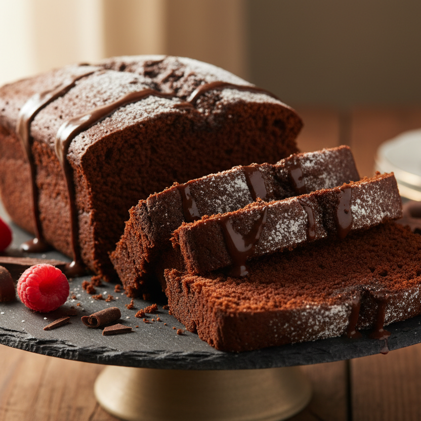realistic picture of chocolate cake loaf cut into slices looking enticing