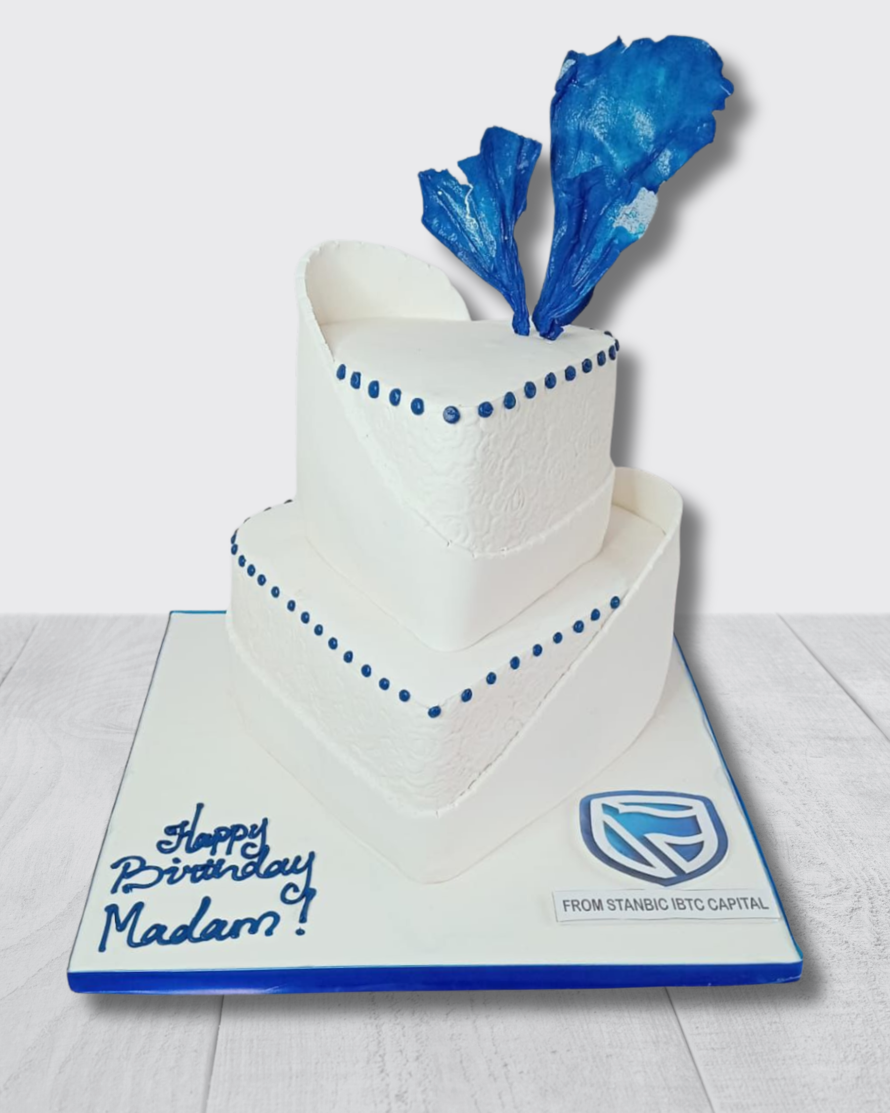 Two-tiered cake with blue accents and text on a white background