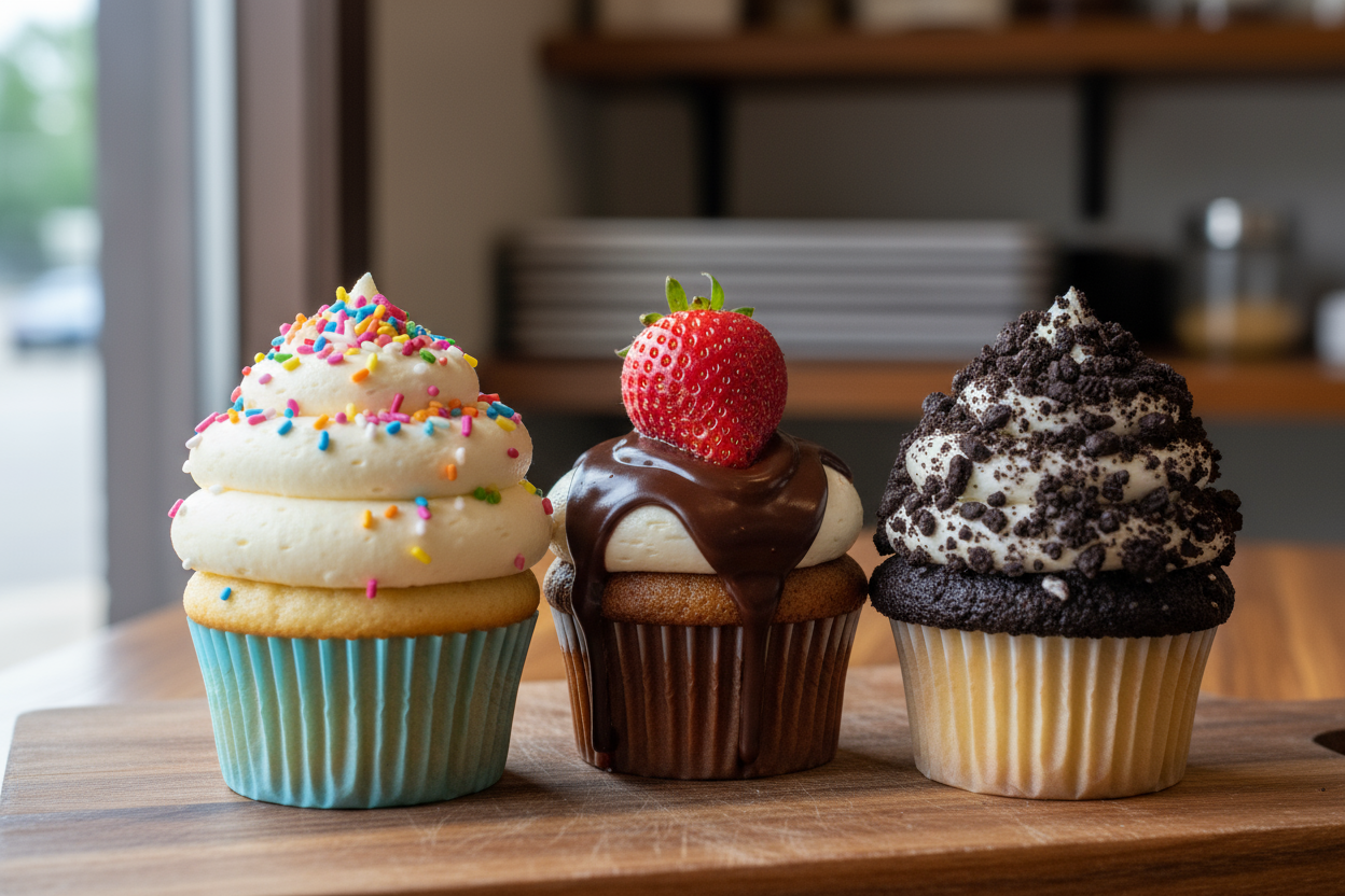 3 delicious and tempting looking realistic cupcakes with toppings (each with different topping) that is inviting