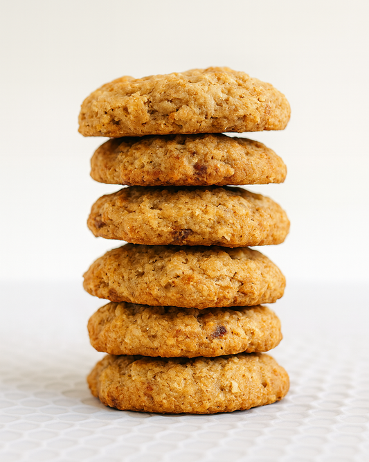 Stack of five cookies on a white background