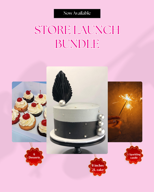 Promotional image for a store launch bundle with a cake, cupcakes, and a sparkler on a pink background.