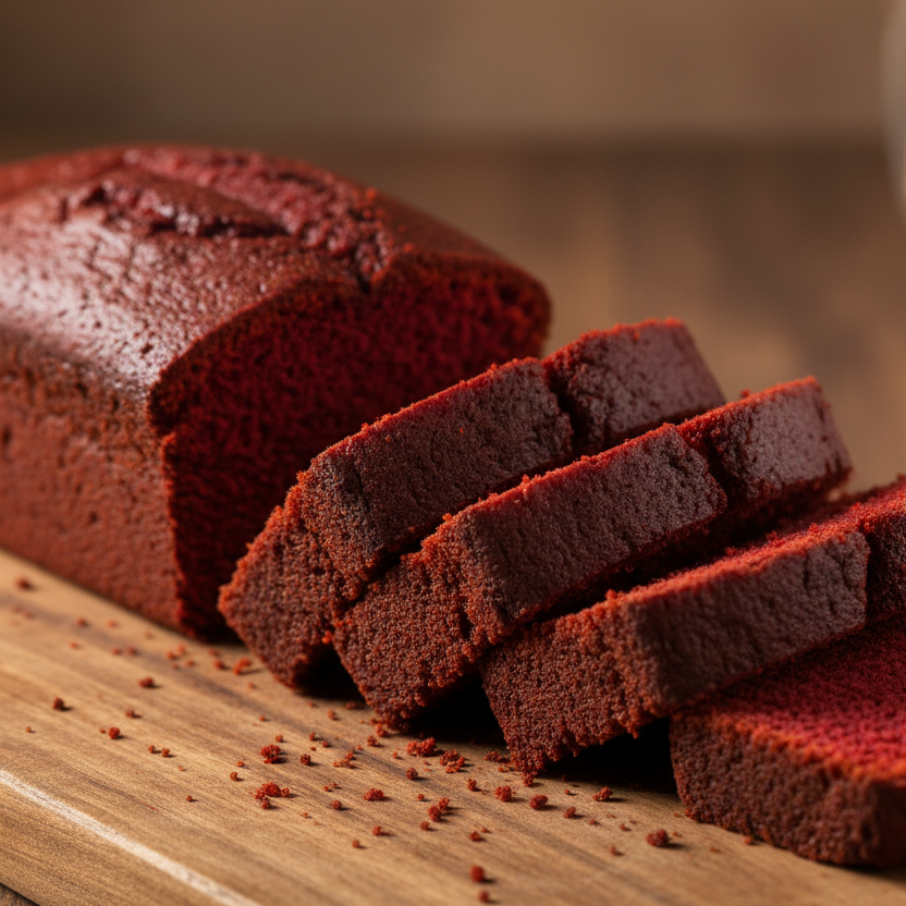 Red velvet cake loaf with slices on a wooden cutting board